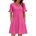 thumbnail image 2 of Summer Dresses for Women Ruffle Short Sleeve V Neck Casual Shift Dress with Pockets Hot Pink 2XL, 2 of 5
