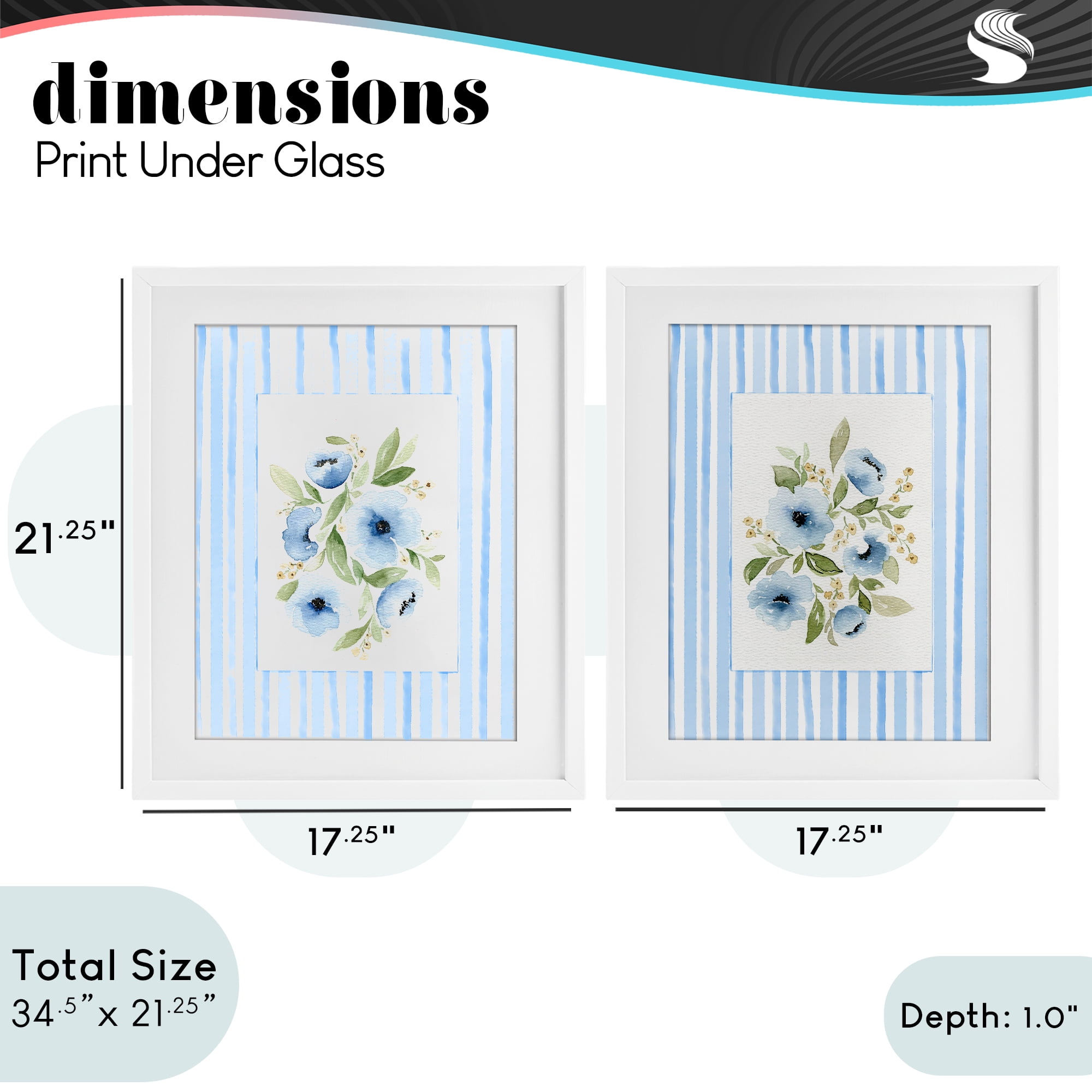 Stupell Industries Blue Flowers with Stripe Border 2 Piece White Framed Print Under Glass Set, design by Leah Noel Art