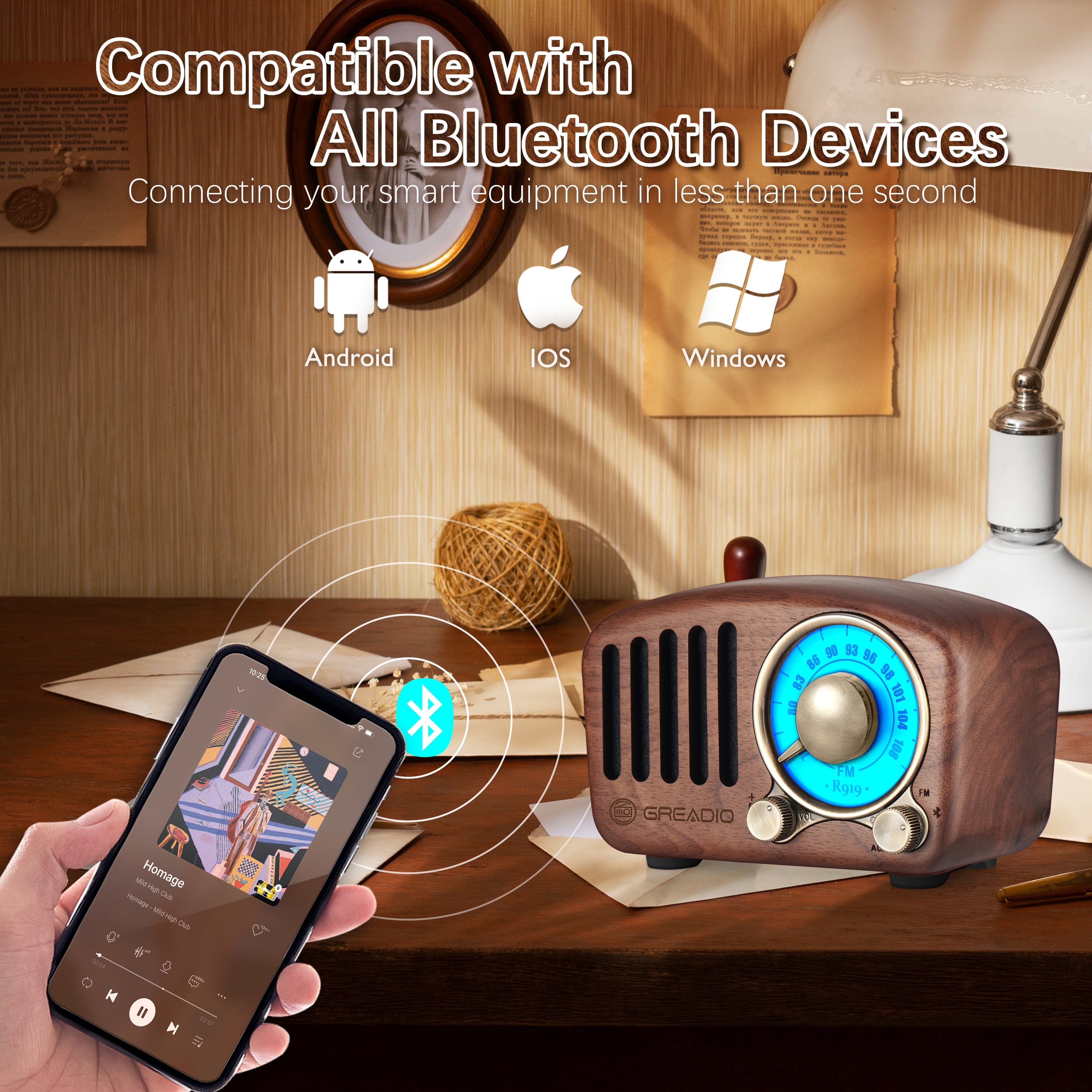 Greadio Portable Bluetooth Speaker, Retro Radio, Vintage Bluetooth Speaker for Home
