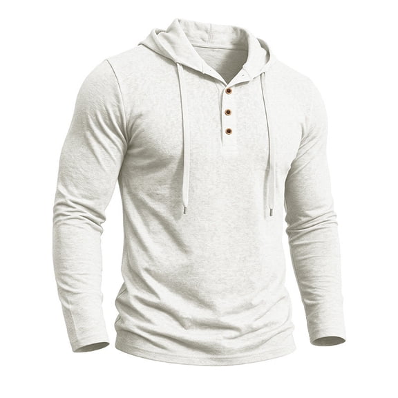 LODIENY Men's Hoodie Sweatshirt Long Sleeve Casual Henley Button Down Shirts Slim Fit Lightweight Breathable Hooded Athletic Shirt with Drawstring White XXXL