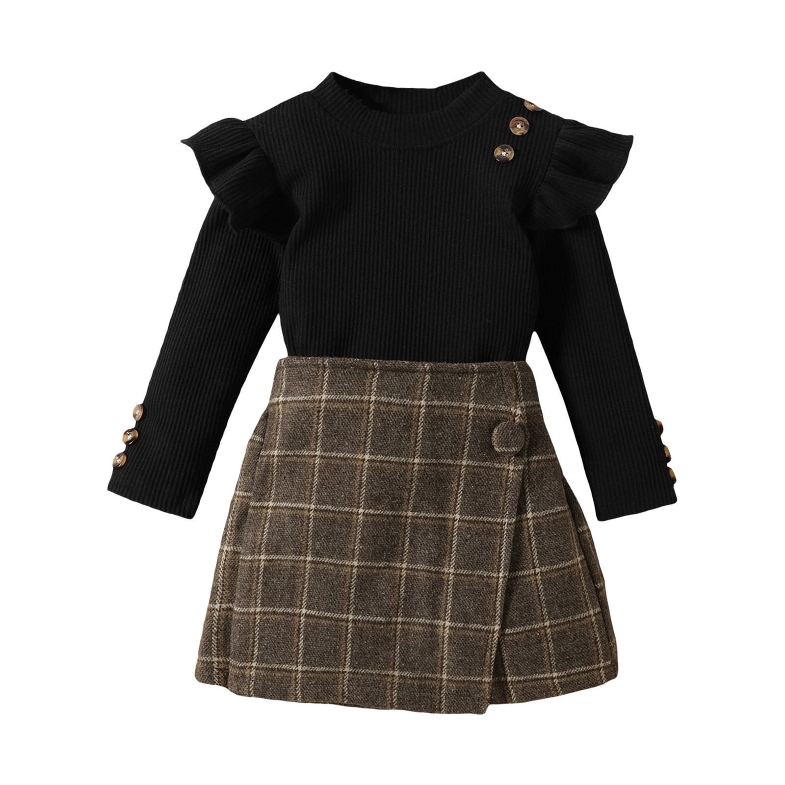 UACY Toddler Girl 2 Piece Outfit Cotton Striped Long Sleeve Top and Plaid Culottes Set Casual Daily Wear (Black 5-6 Years)