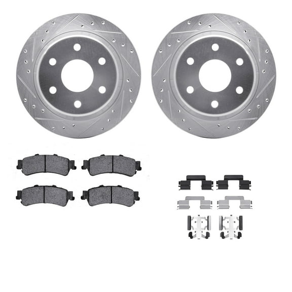 Dynamic Friction Company Rear Brake Rotors-Drilled and Slotted-Silver with Ultimate Duty Performance Brake Pads includes Hardware 7412-48023