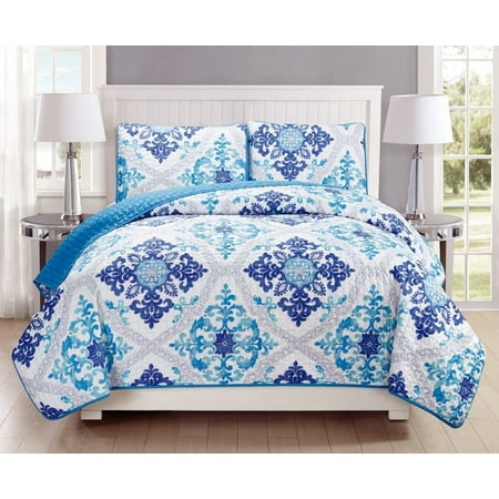 Blue White Stoneware - 3-Piece Fine printed Quilt Set Reversible Bedspread Coverlet (California) CAL KING SIZE Bed Cover (Turquoise, Blue, White, Grey, Navy)