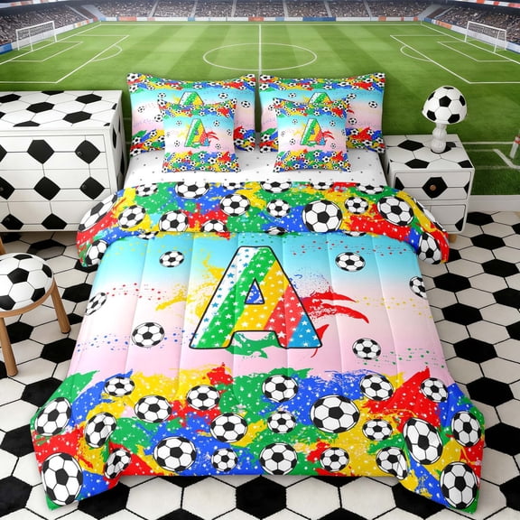 Erosebridal Letter A Gradient Soccer Ball Print Twin Bedding Sets, Sports Monogram Bedding Comforter Set for Kids Boys and Girls, Reversible 7 Pieces