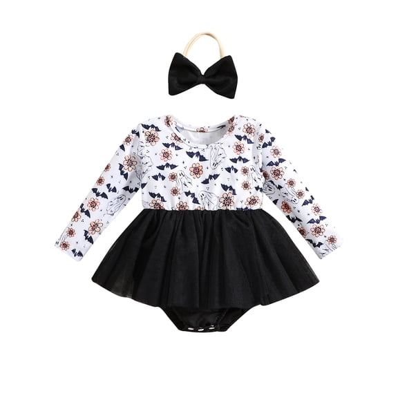 LMLYSoH Infant Baby Girls Halloween Romper Dress GhostBat Pattern Long Sleeve Jumpsuit Bow Headband