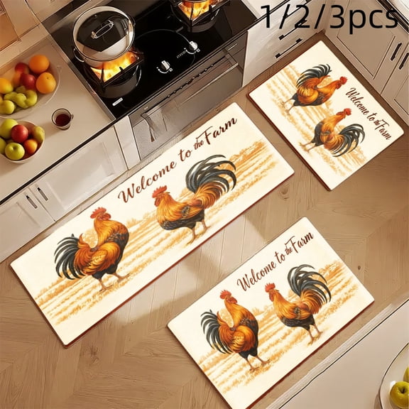 3PCS Mat Set, Welcome Door Rug, Home Decoration for Front Door, Kitchen, Bathroom, Welcome To The Farm Rooster Pattern Print Kitchen Mat, Great Gift for Woman.