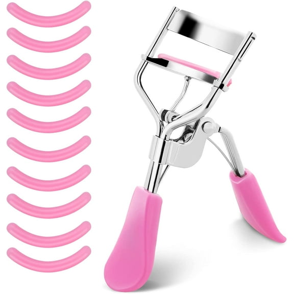 Lash Curler, No Pinching or Pulling, Long Lasting Eyelash Curler Fit All Eye Shapes, Professional Makeup Tool for Eyelashes with 10 Pieces Silicone Refill Pads (Pink)