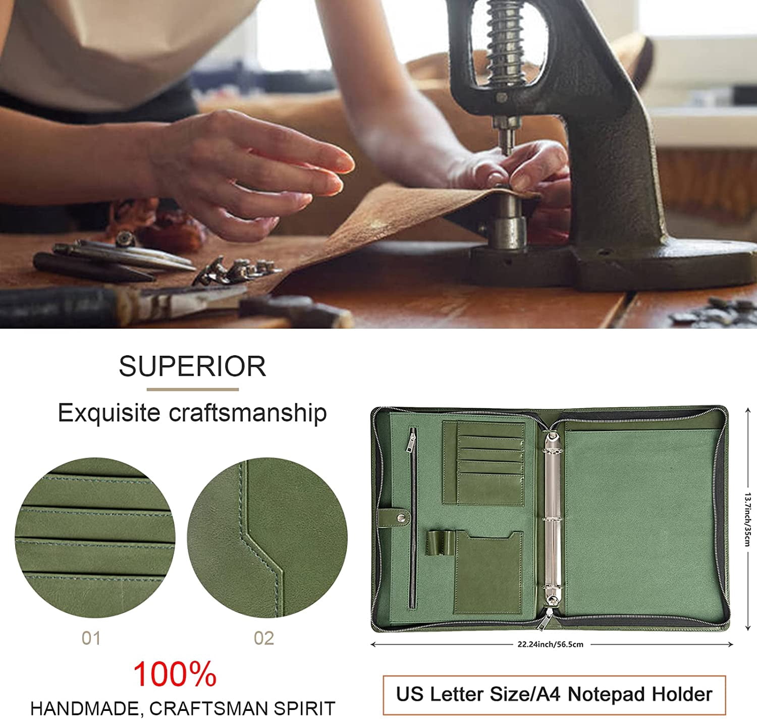 LeatherBelief Portfolio 3 Ring Binder,Vegan Leather Portfolio Binder with Zipper,Business Padfolio Organizer Notepad Holder,Portfolio Folder with Tablet for ipad Pro 13 MacBook,Green
