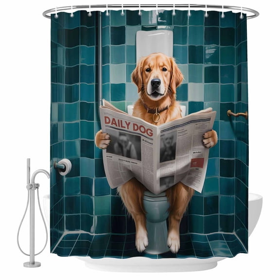Polyester Fabric Funny Dogs Shower Curtain, Animal Sitting on Toilet Reading Newspaper Waterproof Bathtub Curtain Bathroom Decor Set with Hooks 72 x 72 Inches