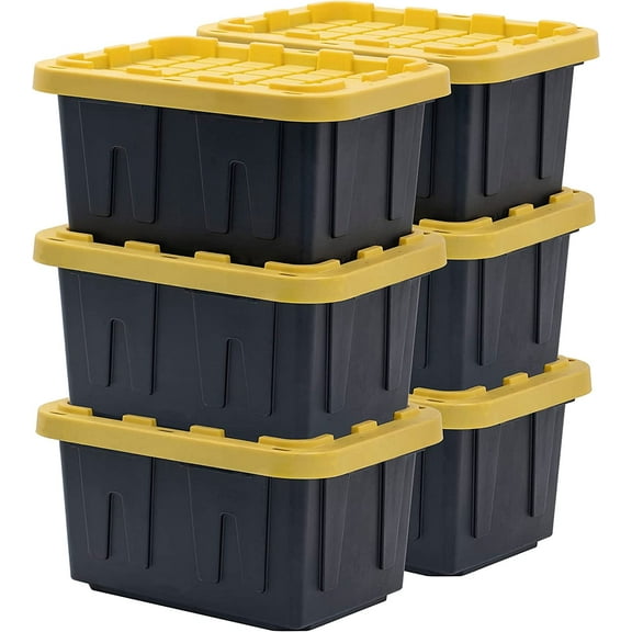 BLACK & YELLOW, 5-Gallon Heavy Duty Tough Storage Container & Snap-Tight Lid, (8.6"H x 12.3"W x 16.4"D), Weather-Resistant Design and Stackable Organization Tote [6 Pack]