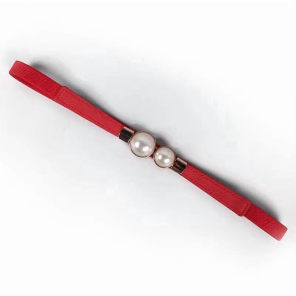 Women Skinny Stretchy Waist Belt, Gold Pearl Buckle Elastic Thin Waistband for Dress