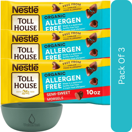 Nestlé Toll House Organic Allergen-Free Semi-Sweet Chocolate Chips, 10 oz Bag-3pk, With Olive Green Bowl By ValueNest