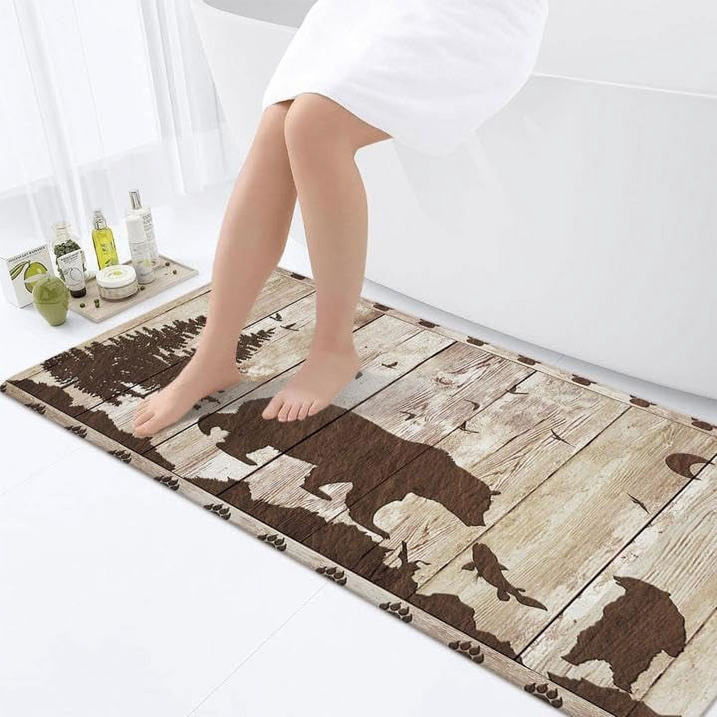 Rustic Cabin Lodge Bear Bathroom Rug, Forest Animal Vintage Wooden Country Farm Wildlife Bath Mat, Farmhouse Bathroom Mat for Kitchen Bathroom Floors…