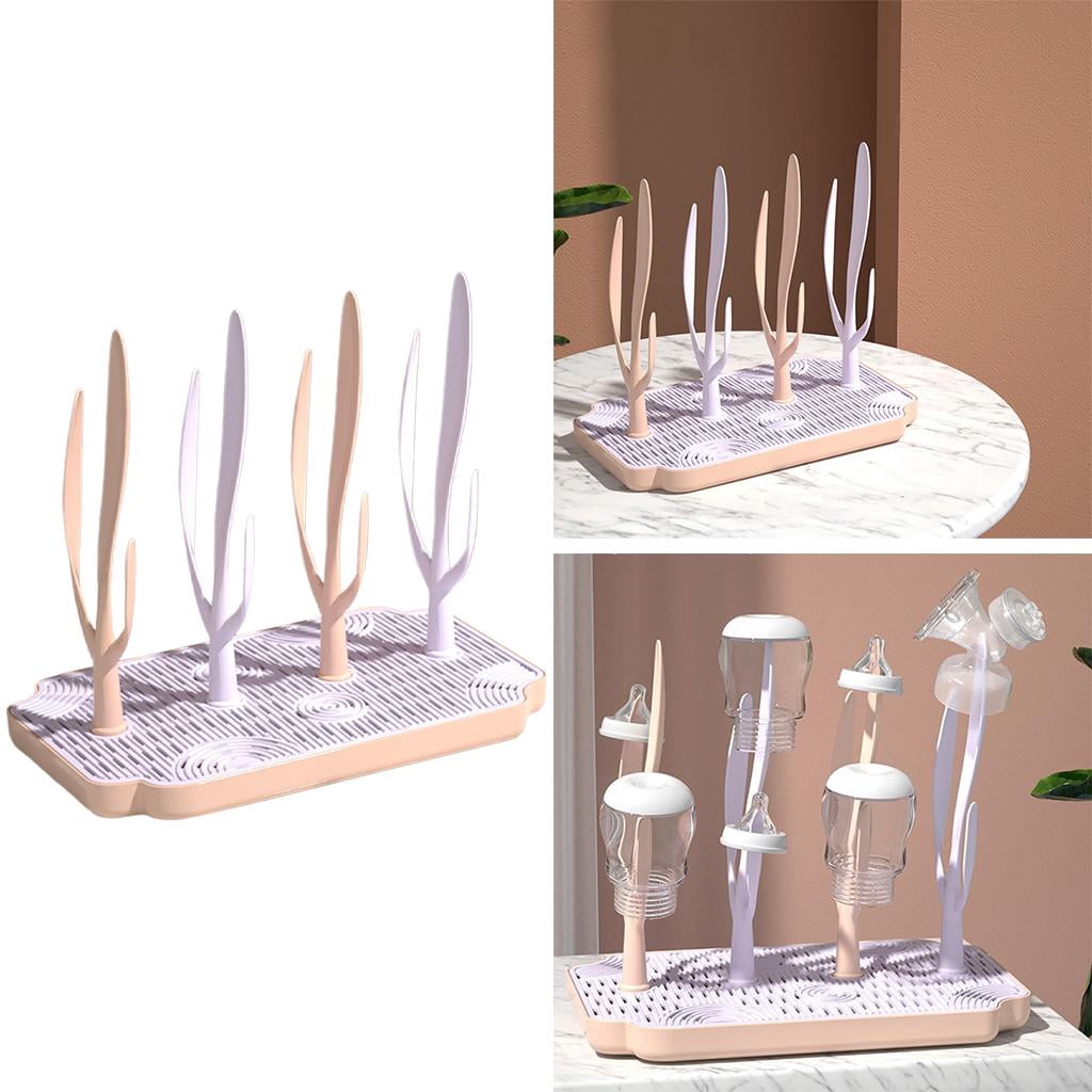Portable Baby Bottle Drying Rack Countertop Cleaning Brush Holder Storage with Drainer Tray Space Saving pink