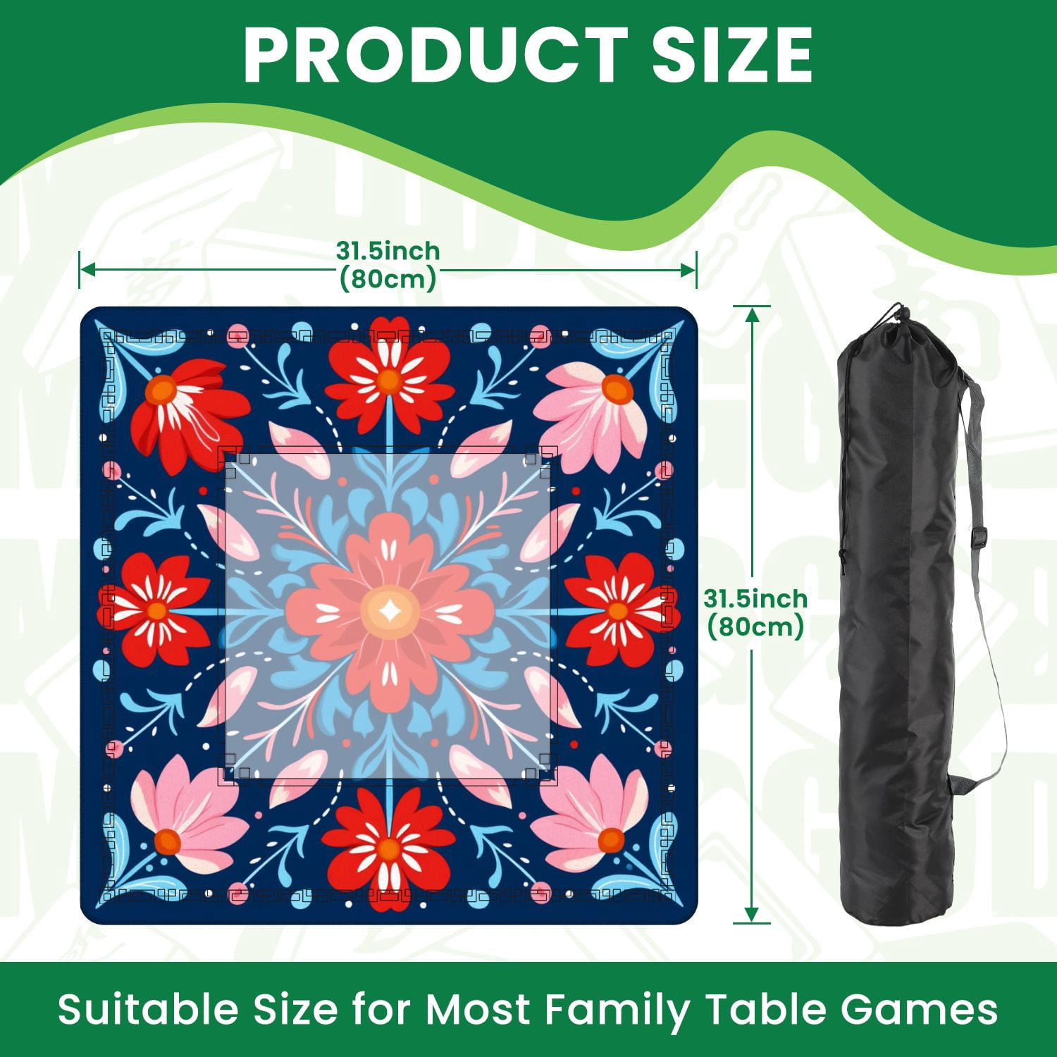 Mahjong Mat 31.5" x 31.5" Colorful Floral Red Pink Flowers Dark Blue Non-Slip Noise Reduction American Mahjong Tiles Table Cover for Dominoes Poker Card Board Games Gift