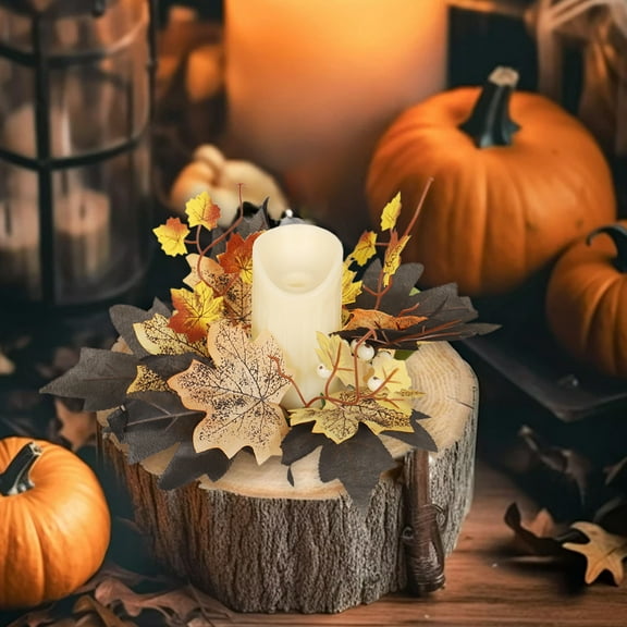 TanSiDing 1pcs Thanksgiving Candle Ring Fall Decor Maple Leaf Wreath for Table Centerpiece Fireplace Mantel Seasonal Home Decorations