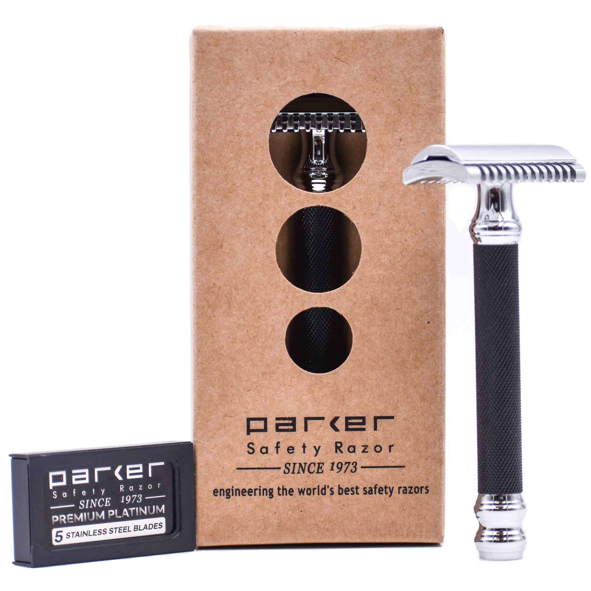 Parker 26C - Black Handle Three Piece OPEN COMB Double Edge Safety Razor & 5 Parker Premium Blades