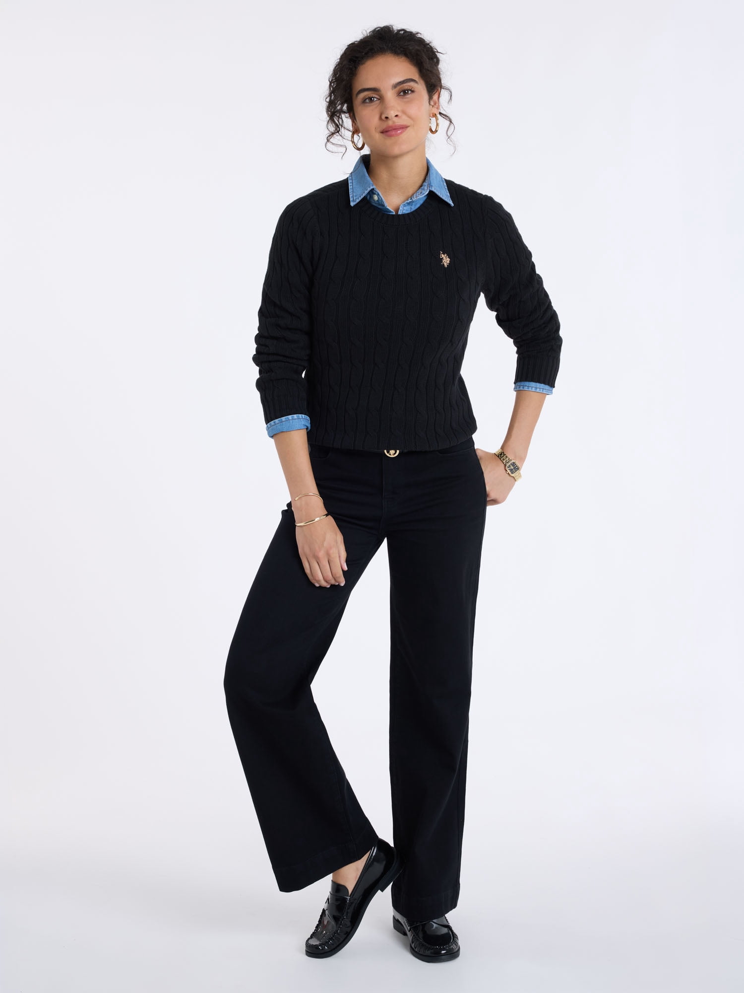 U.S. Polo Assn. Women's High Rise Relaxed Knit Denim Wide Leg Jeans