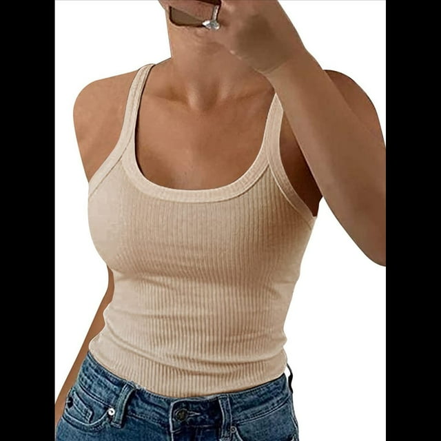 Camisola de Algodón Sin Mangas con Tirantes Finos, Cuello Redondo, Acanalada y Ajustada para Mujer Albaricoque L