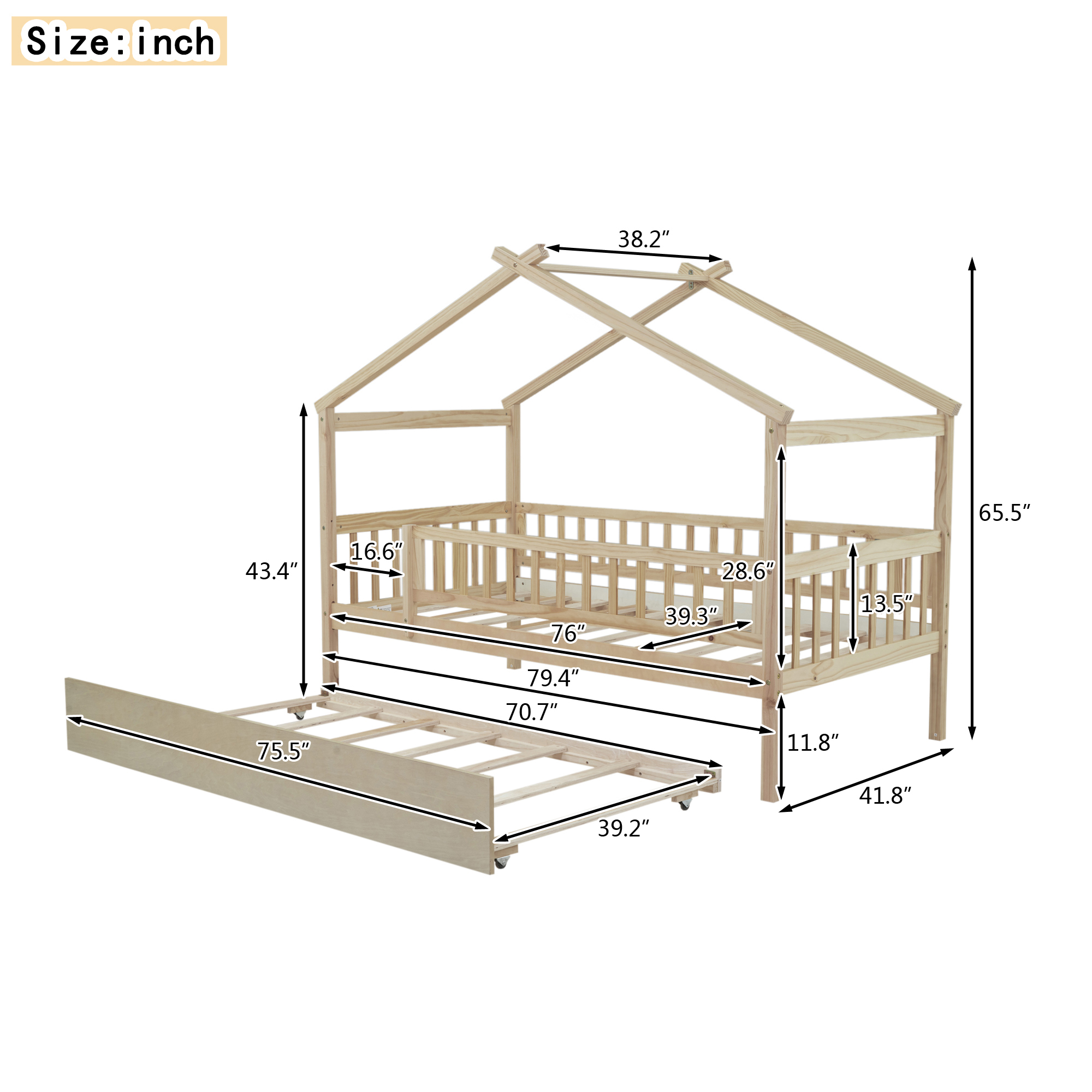 Holaki Twin Size Wood House Bed with Trundle and Guardrails for Kids, Natural
