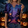 thumbnail image 4 of Domuza Halloween Shirts for Women Casual V Neck Short Sleeve Holiday Henley T Shirt Fall Spooky Novelty Print Retro Button Up Blouse-F XL, 4 of 6