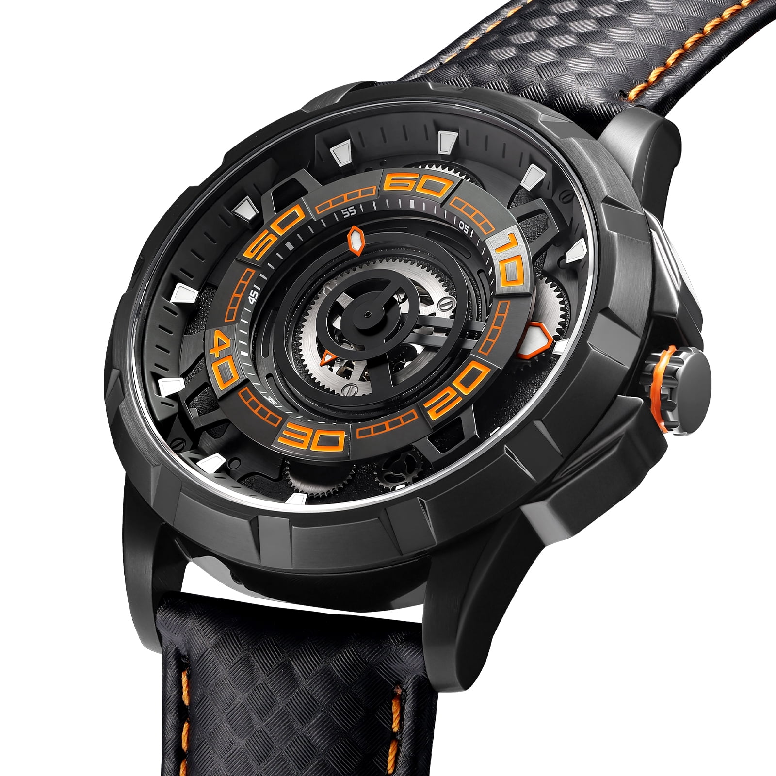 BERNY Mens Skeleton Automatic Watch, Luxury Fashion Self Winding Mechanical Watch with Leather Strap, Exhibition Caseback, Sapphire Crystal, Luminous 50M Waterproof Watches for Mens Gifts (Balck)