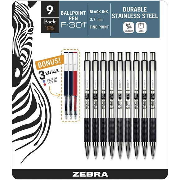 Zebra - F-301 Ballpoint Retractable Pen, Black Ink, Fine - 9 Pens