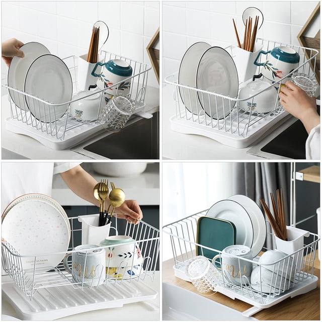 RENACLIPY White Kitchen Dish Drying Rack with Storage Organizer and Quick Drainage Design