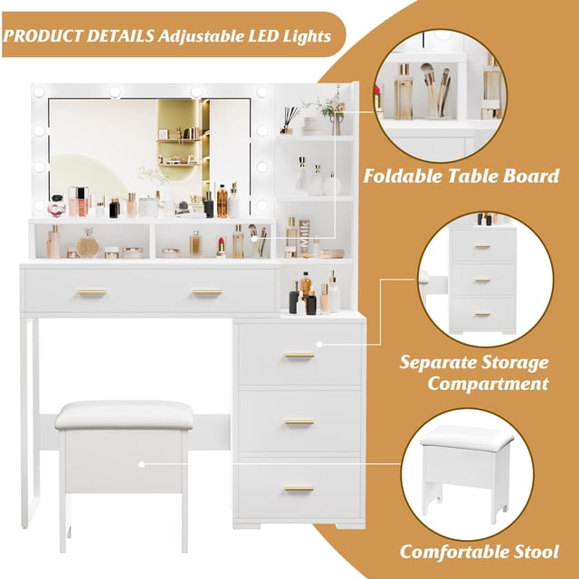 Kojooin Coiffeuse Table avec Chaise, Miroir et 3 Modes d'Éclairage Lumières à Luminosité Réglable, Coiffeuse pour Chambre Commode avec Armoire de Rangement et 4 Tiroirs, 4 Étagères de Rangement