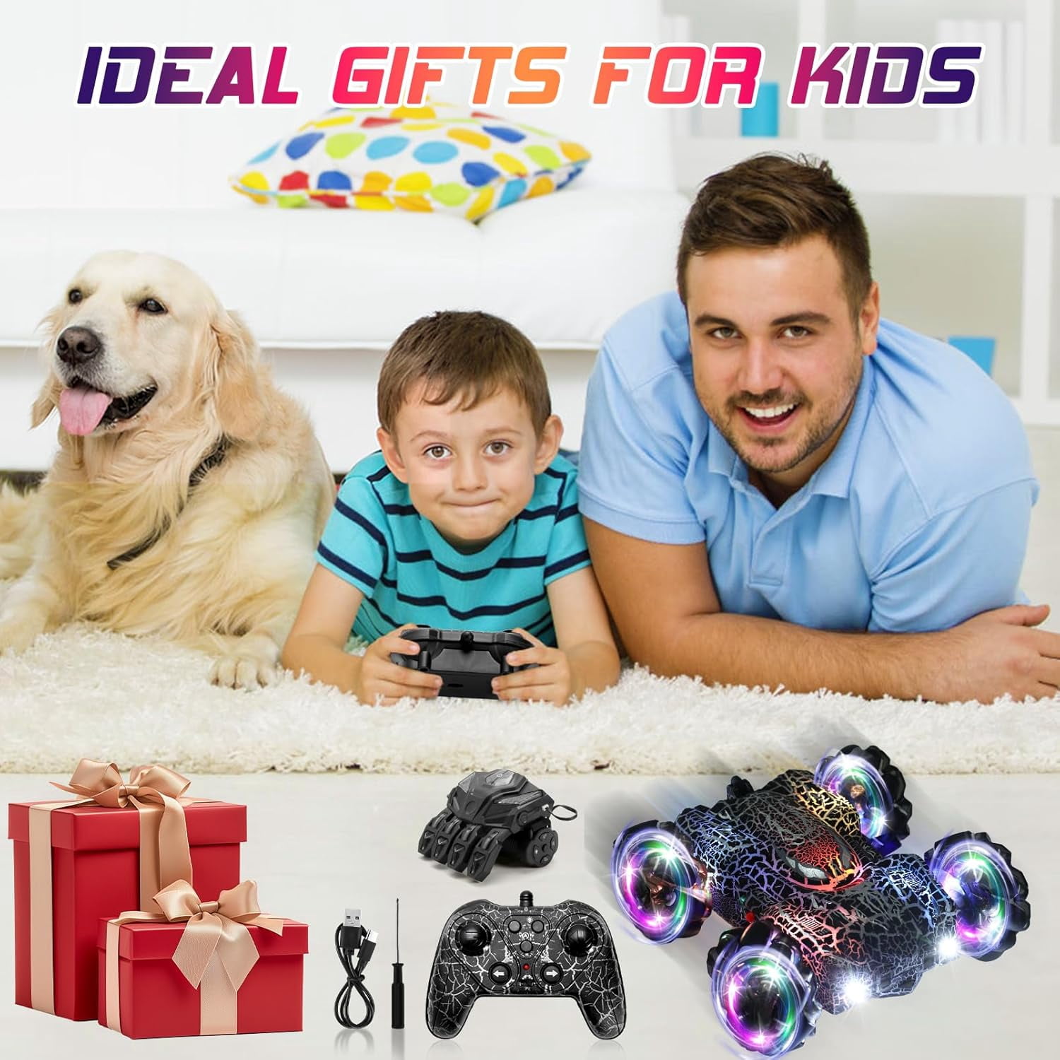 Gesture Control RC Stunt Car for Kids, 2.4GHz Hand Controlled Remote Control Car with 360° Rotation, Double-Sided Driving, LED Lights, Rechargeable Off Road Toy for Boys Ages 4 5 6 7 8 9 10 11 12