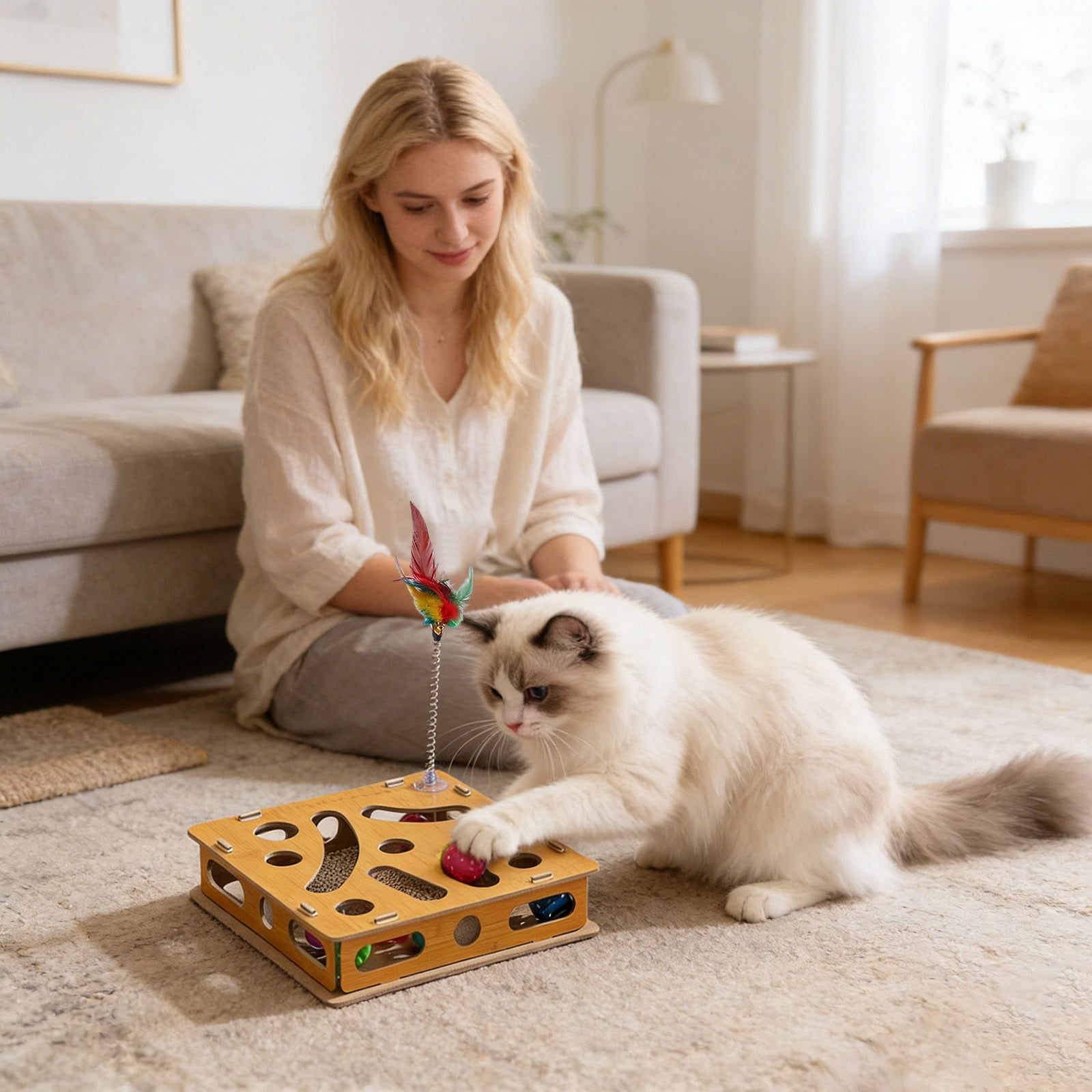 Interactive Cat Enrichment Puzzle Toy with Nail Trimming Sandpaper Board for Indoor Feline Entertainment and Stress