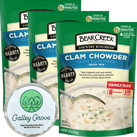Bear Creek Clam Chowder Dry Soup Mix Starter Kit, Just Add Water, Family Size Bulk (3-Pack) Pre-Packaged, Cooks in 15 Minutes, 24 Servings Bundle With Galley Grove Breath Mints