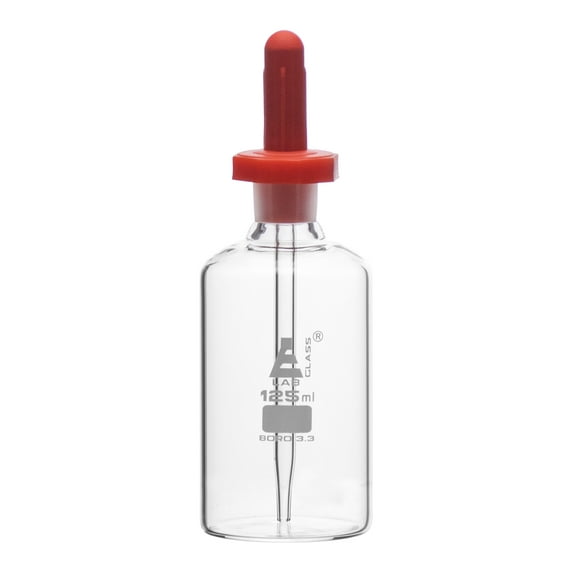 Dropping Bottle, 125ml (4.2oz) - Borosilicate 3.3 Glass - Eye Dropper Pipette and Dust Proof Rubber Bulb - Octagonal, Non-screw Top - Eisco Labs