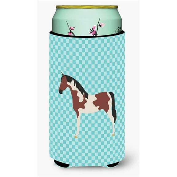 Pinto Horse Blue Check Tall Boy Beverage Insulator Hugger