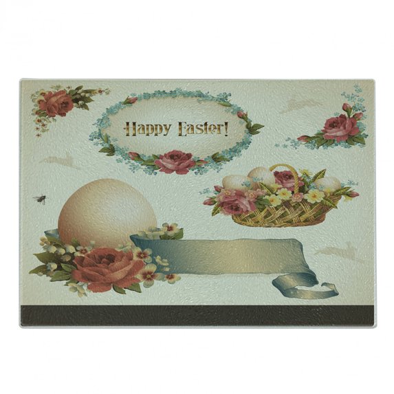 Easter Cutting Board, Romantic Flower Filled Basket with Eggs Vintage Design Inspiration Nostalgic Pattern, Decorative Tempered Glass Cutting and Serving Board, Small Size, Multicolor, by Ambesonne