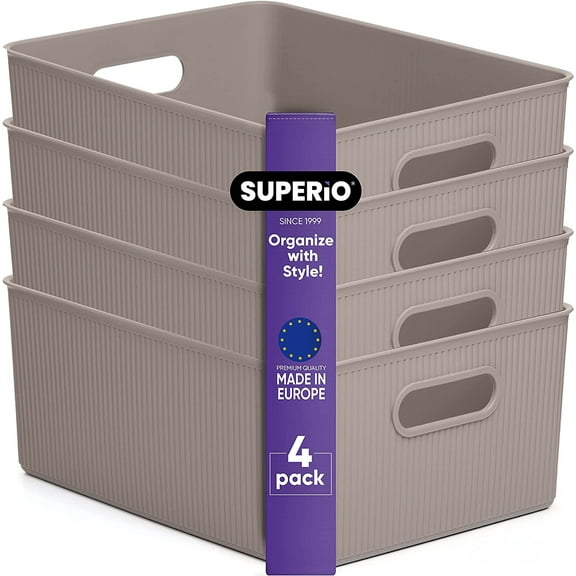 Superio 15L Medium Ribbed Storage Bin- Plastic Storage Bin (4 Pack, Taupe)