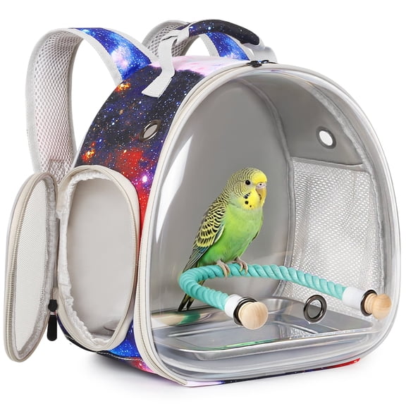 Galaxy Blue Small Bird Travel Backpack Carrier with Metal Tray and Rope Perch, Clear Bubble Window Space Capsule Book Bag to Carry and Transport Parakeet Parrot