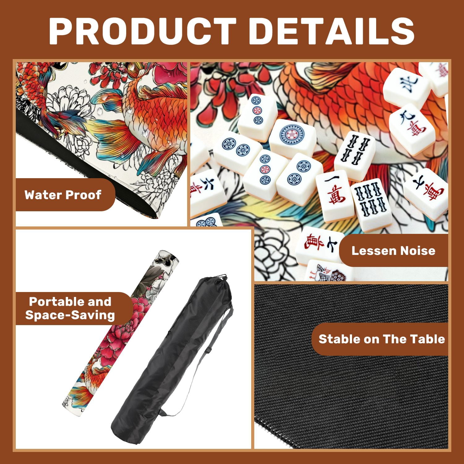 Mahjong Mat 31.5" x 31.5" Seamless asian traditional s Japanese painted flowers peonies Non-Slip Noise Reduction American Mahjong Tiles Table Cover for Dominoes Poker Card Board Games Gift