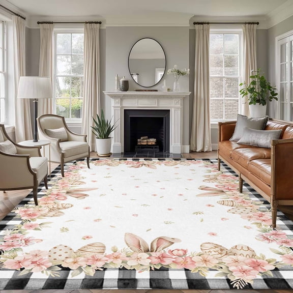 Pink Easter Area Rugs 5'x8', Washable Small Throw Rugs for Classroom Bedroom, Spring Floral Farmhouse Eggs Black Plaid Indoor Outdoor Rug Non-Slip Low Pile Carpet Runner Reversible Floor Mats