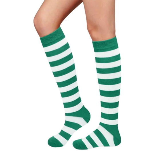 Yuanlong Womens Stockings Green White Stripe Knit Stretch Thigh High Socks Casual Daily Party Holiday Comfort Lady Socks