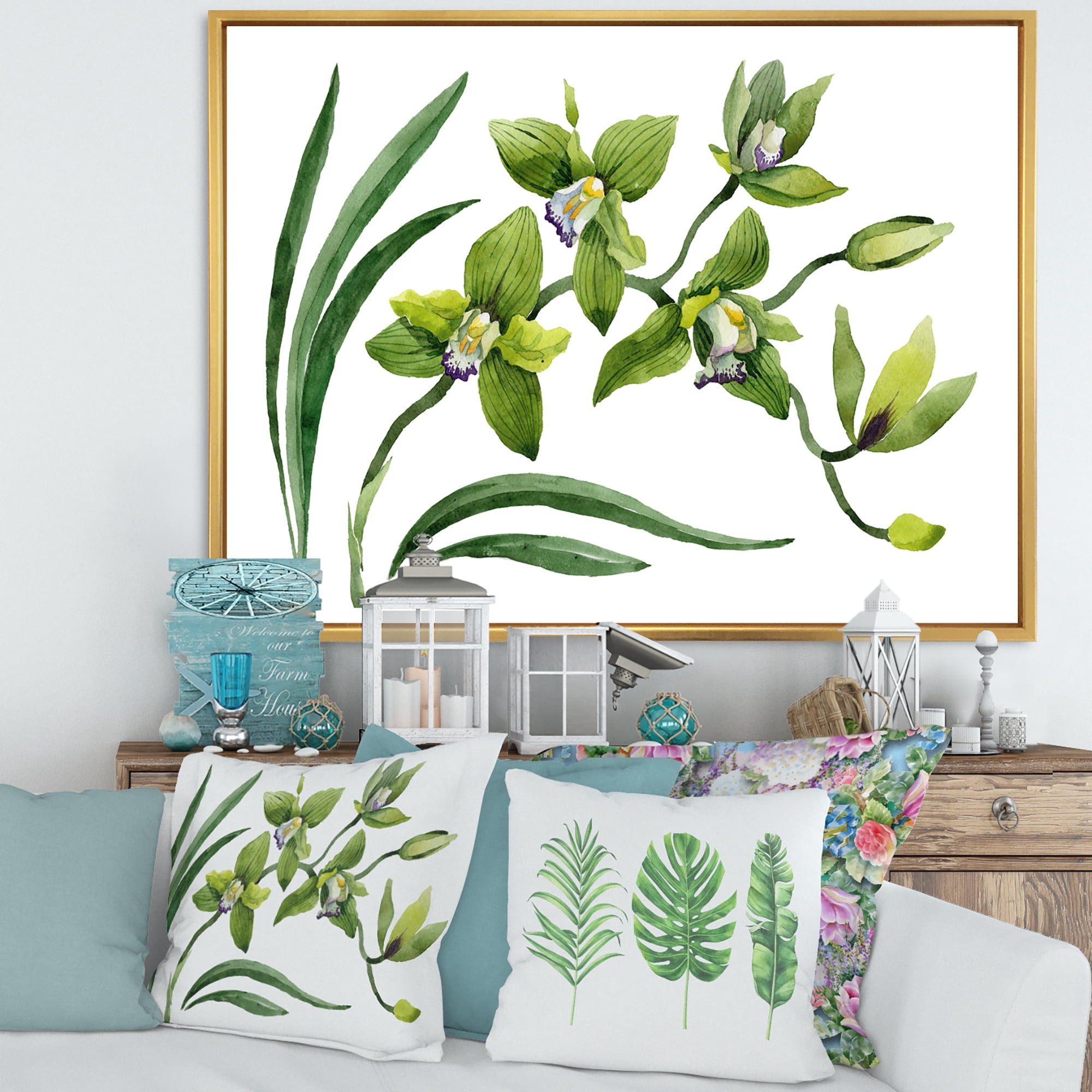 Green Orchid Flowers On White 32 in x 24 in Framed Painting Canvas Art Print, by Designart