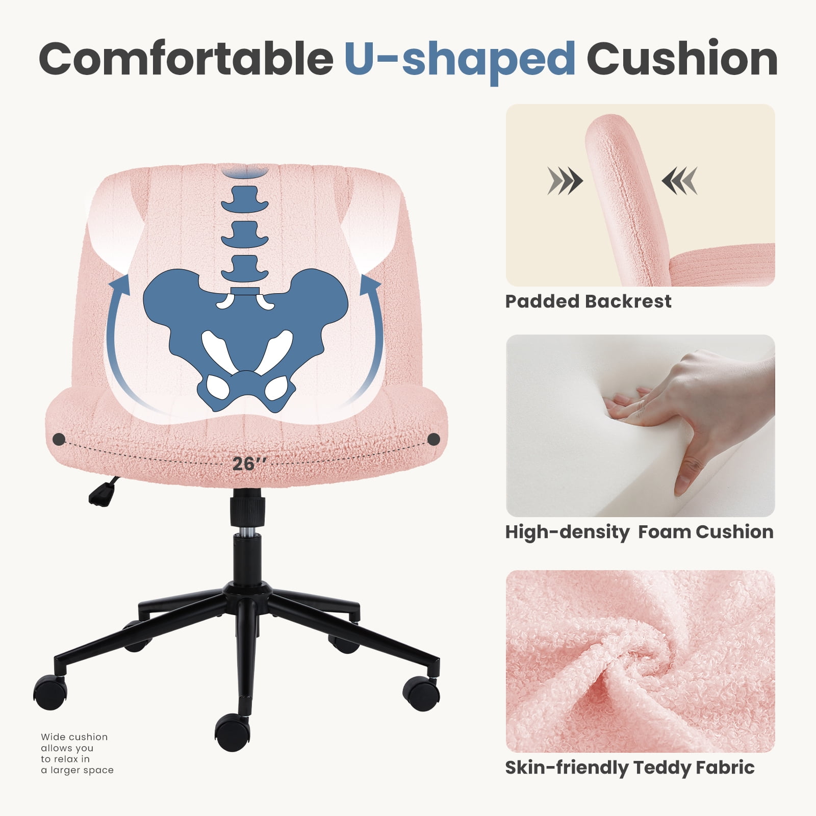 EDX Armless Office Chair Criss Cross Legged Chair with Wheels, Comfy Home Dressing Chairs, Pink