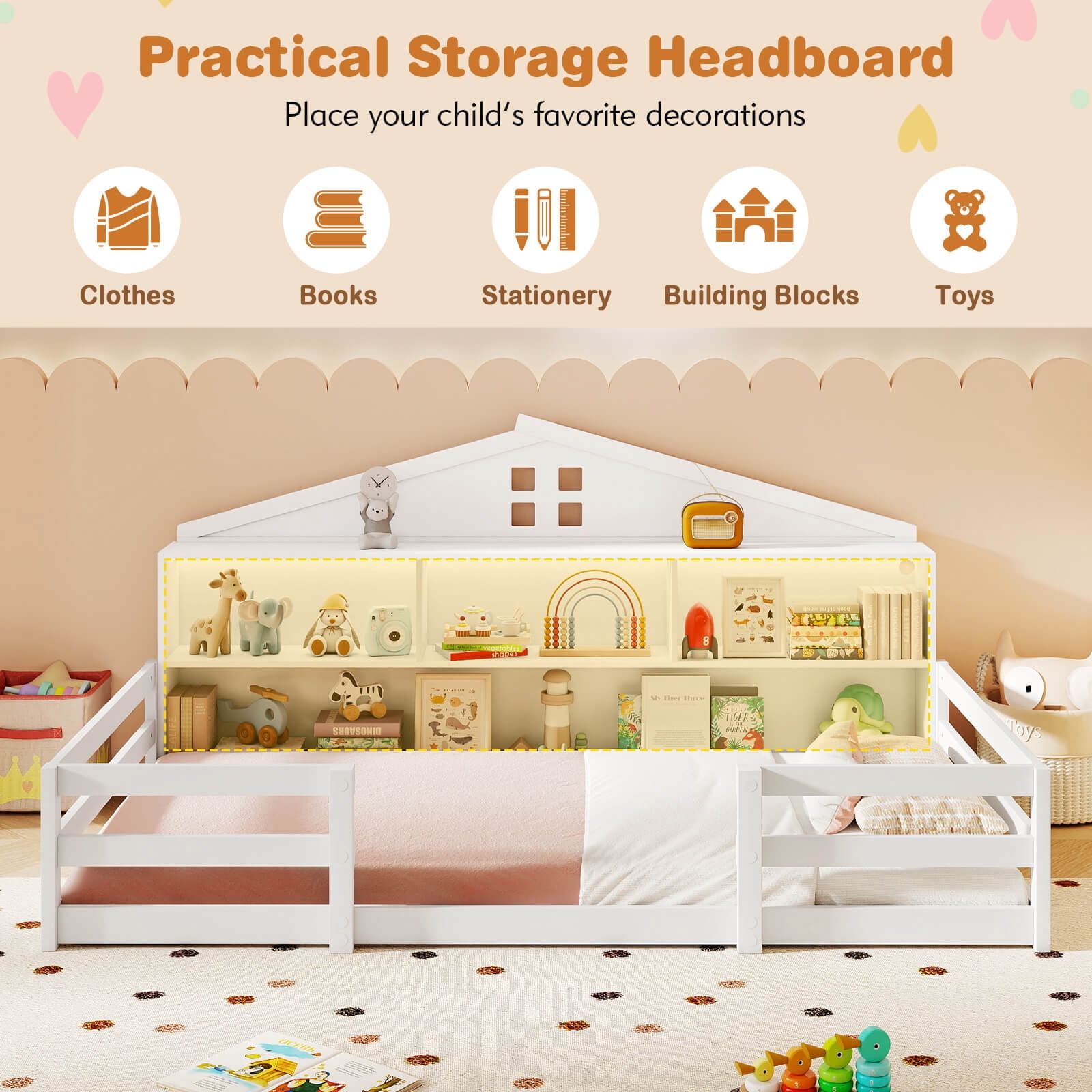 Costway Twin Size Montessori Floor Bed with LED Lights Safety Guardrails Compartments Shelf White