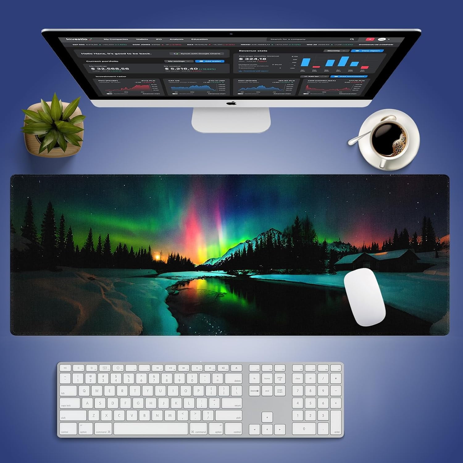 Extra Large Gaming & Office Mouse Pad (31.5" x 11.8") – Aurora Borealis Over Winter Landscape Snow Mountains & Calm Lake & Captivating Night Sky, XXL Desk Mat with Durable Stitched Edges