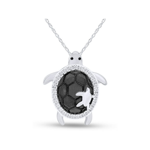Black & White Natural Diamond Accent Turtle Pendant Necklace 14K White Gold Over Sterling Silver