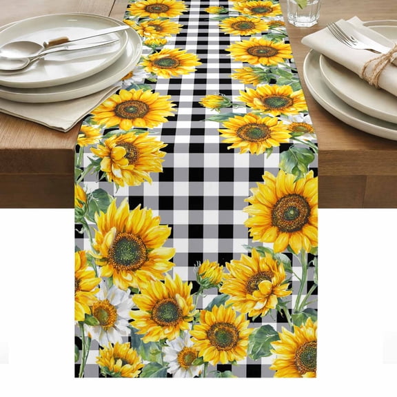 Sunflower Table Runner - 36 Inch Long, Kitchen Dining Table Runner Dresser Scarves, Black White Check Country Yellow Floral Farmhouse Decor for Coffee Tables Wedding Party Banquet