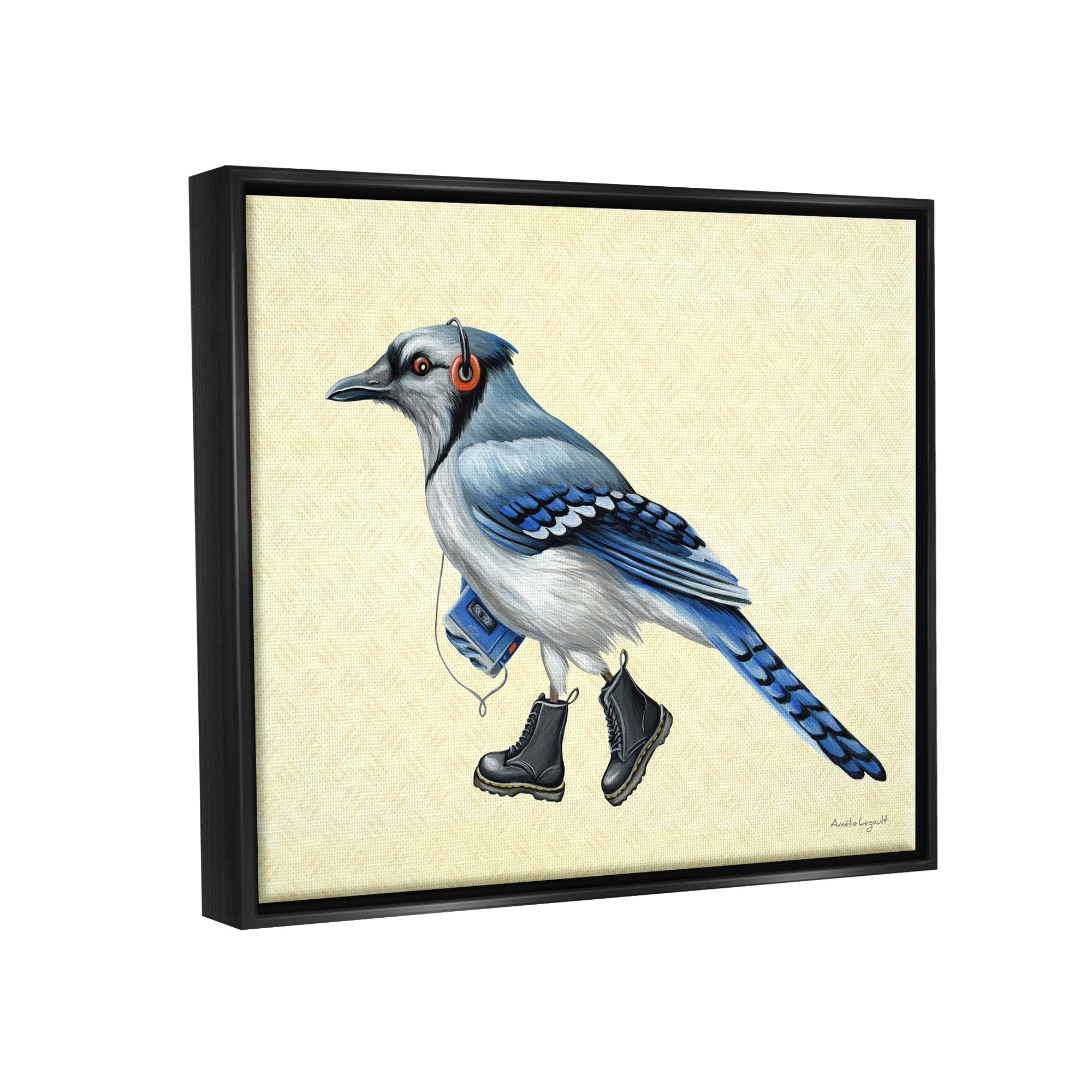 Stupell Industries Blue Jay Bird Combat Boots Retro Tape Cassette Graphic Art Luster Gray Floating Framed Canvas Print Wall Art, Design by Amelie Legault