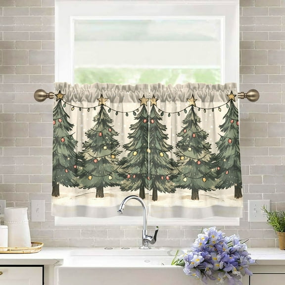 Yayeee Kitchen Curtains Tier Pair Light Filtering 27"x36" Rod Pocket Short Cafe Window Panel, Christmas Stars
