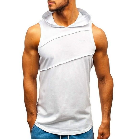 TSADFHJI Mens White Dress Shirts Long Sleeve Fall Men Hooded Striped Splicing Vest Jacket Patchwork Sleeveless Contrast Hoodie M White