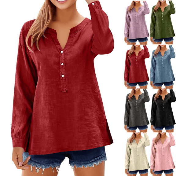 Long Sleeve Shirts for Women Linen V Neck Buttons Loose Tops Side Slit Hem Solid Color Casual Breathable Blouse Tops